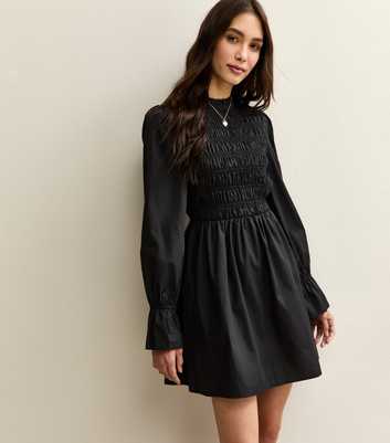 Black Shirred Bodice Long Sleeve A-line Mini Dress