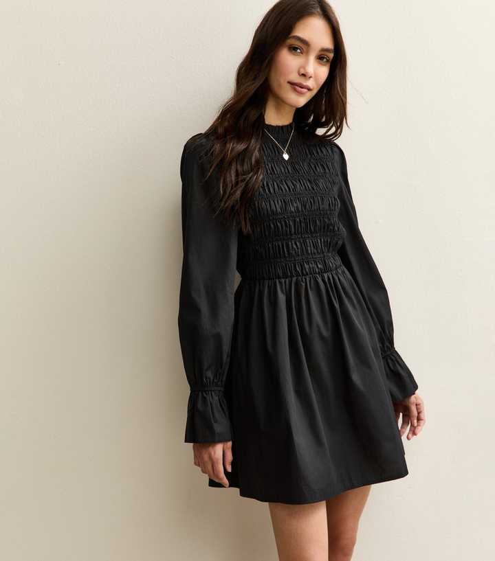 Black Shirred Bodice Long Sleeve A-line Mini Dress | New Look