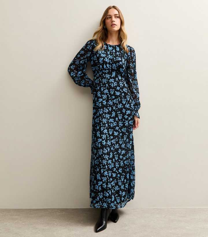 Blue Floral Long Sleeve Maxi Dress
