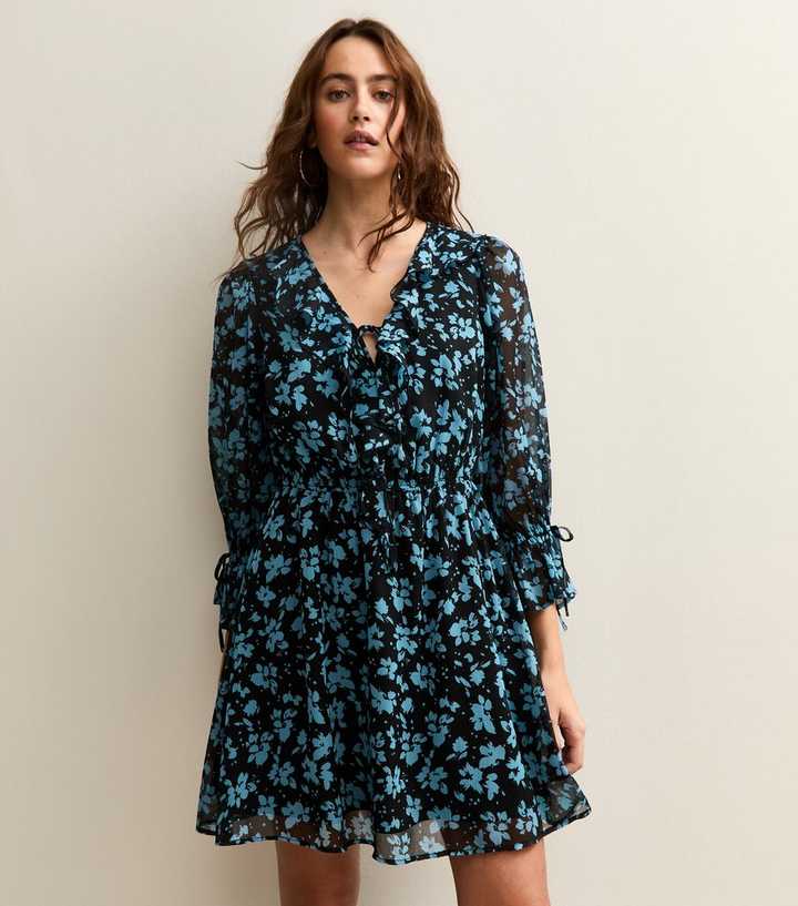 Black and Blue Floral Chiffon Mini Dress