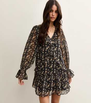 Black Floral Chiffon Frilly Mini Dress