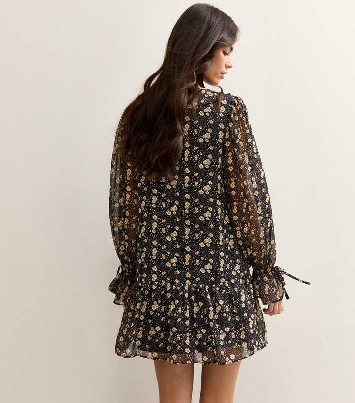 Black Floral Chiffon Frilly Mini Dress