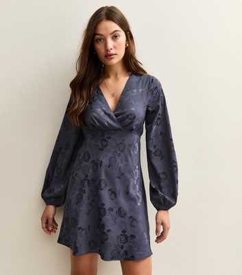 Navy Floral Jacquard V-Neck Mini Dress