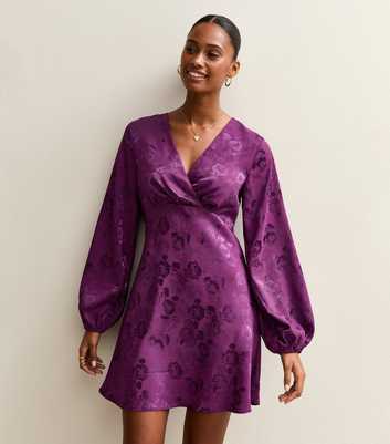Purple Floral Jacquard V-Neck Mini Dress
