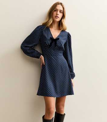 Blue Polka Dot Print Bow Trim Long Sleeve Mini Dress
