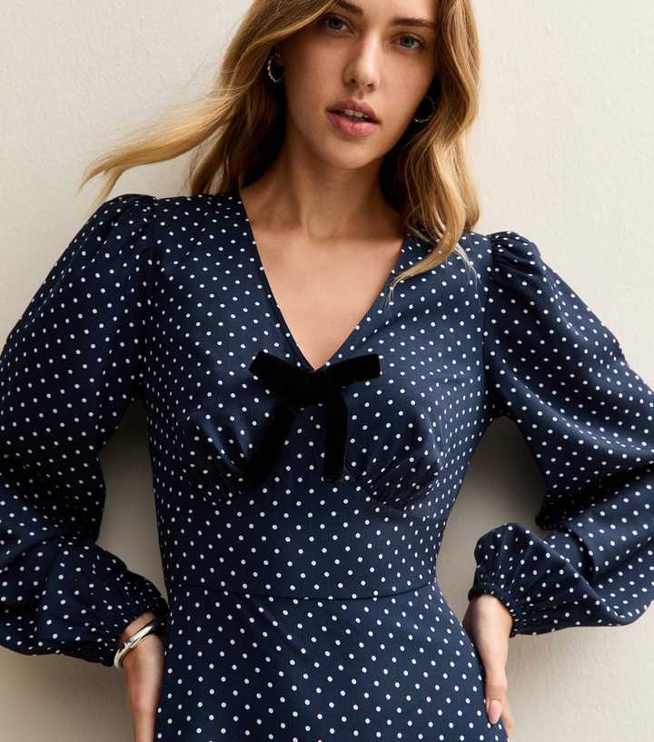 blue summer dress short sleeve Dress Divine: Versatile Navy Blue Polka Dot Dress main image 1