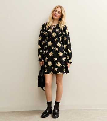 Black Floral Print Collared Keyhole Neck A-line Mini Dress