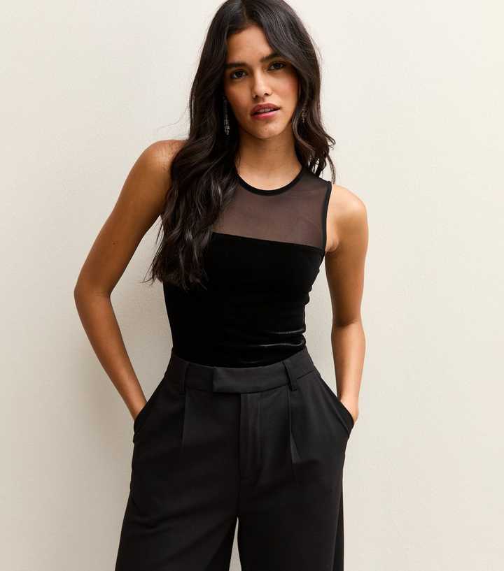 Black Mesh Velvet Sleeveless Bodysuit