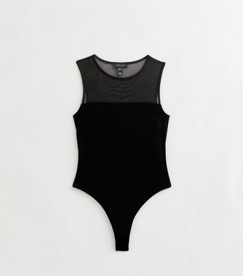 Black Mesh Velvet Sleeveless Bodysuit | New Look