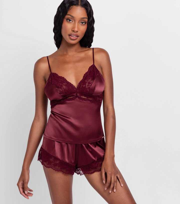 Dorina Bright Red Lace Trim Satin Shorts