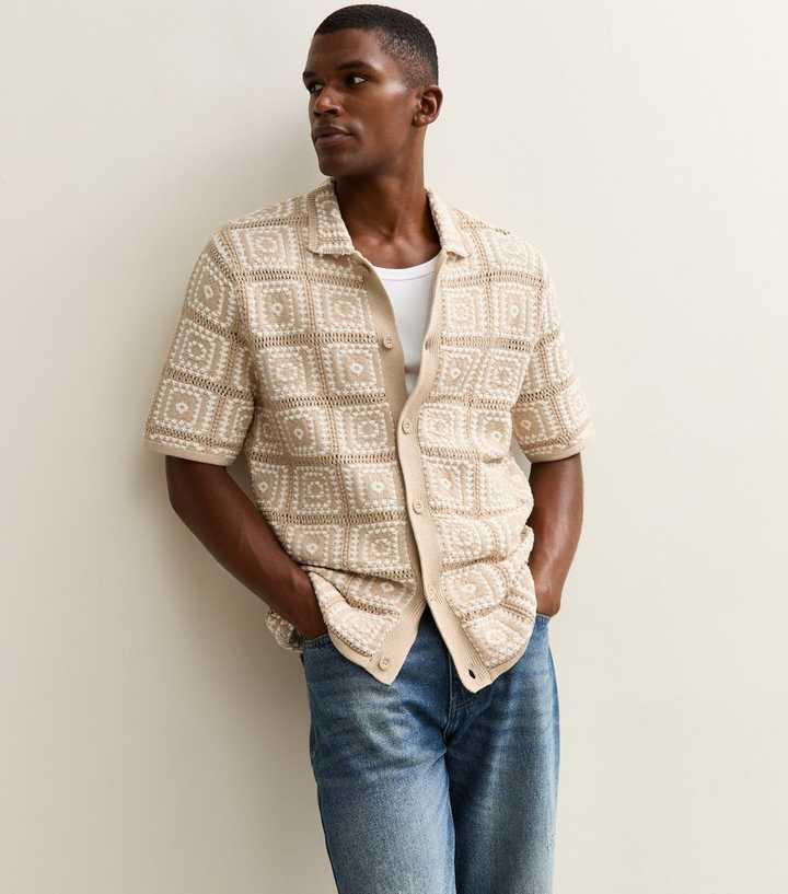 Only & Sons Stone Crochet Knit Relaxed Shirt