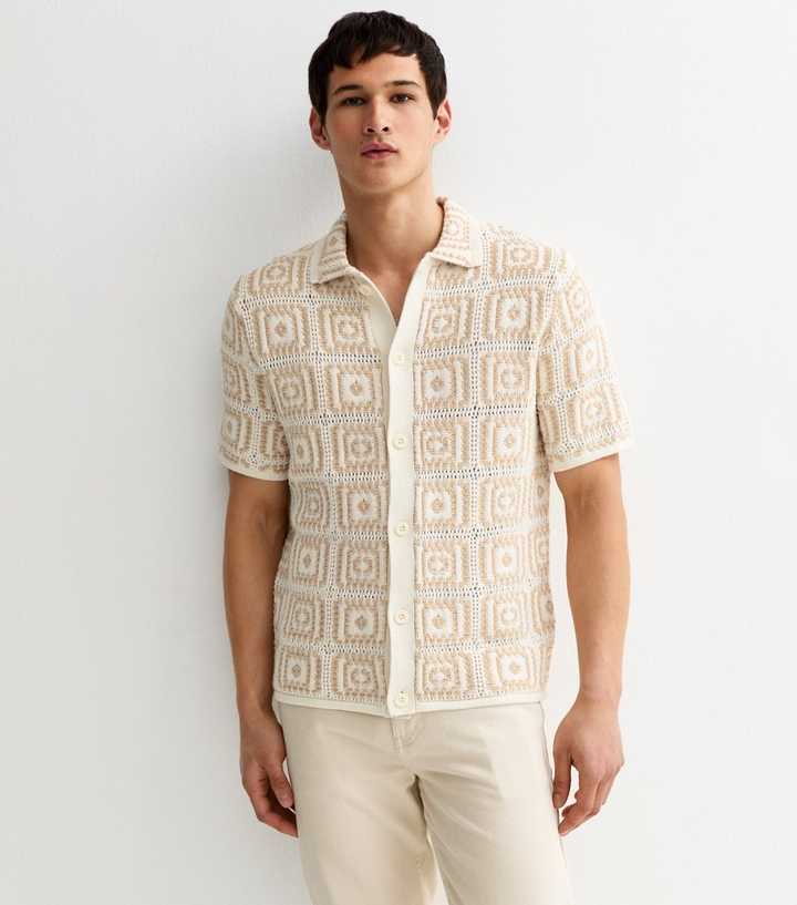 Only & Sons Oatmeal Crochet Knit Relaxed Shirt