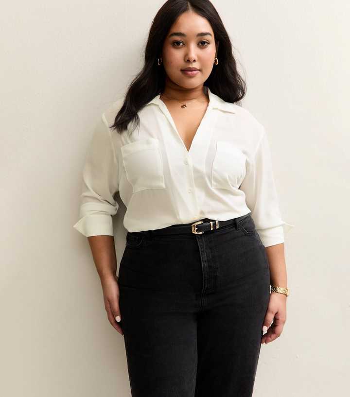 Curves White Front Pocket V-Neck Shirt