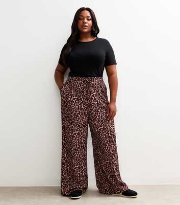 Curves Brown Leopard Print Textured Wide Leg Trousers