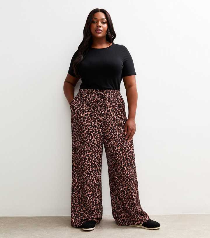 Curves Brown Leopard Print Textured Wide Leg Trousers