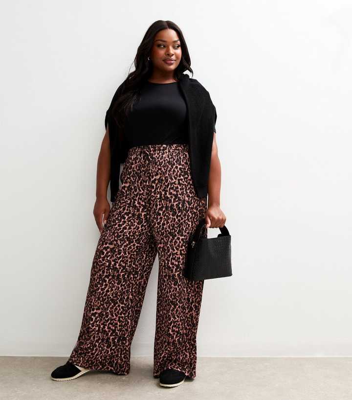 Plus Size Wide Leg Animal Print Trousers Plus Leopard Print Woven