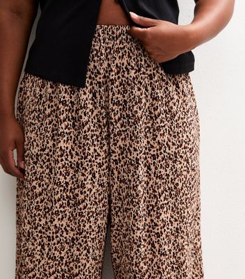 Curves Brown Leopard Print Plisse Cropped Trousers