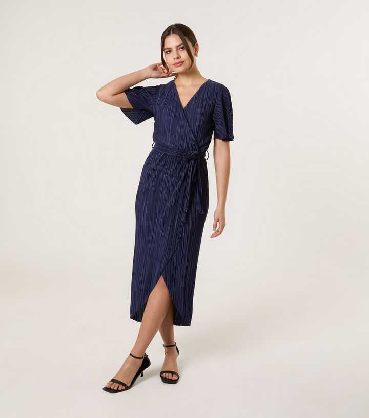 Blue Vanilla Navy Plisse Wrap Midi Dress