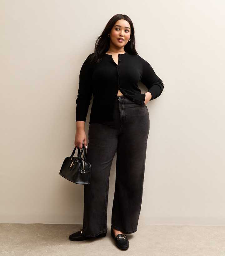 Curves Black Elasticated Wide Leg Jeans
