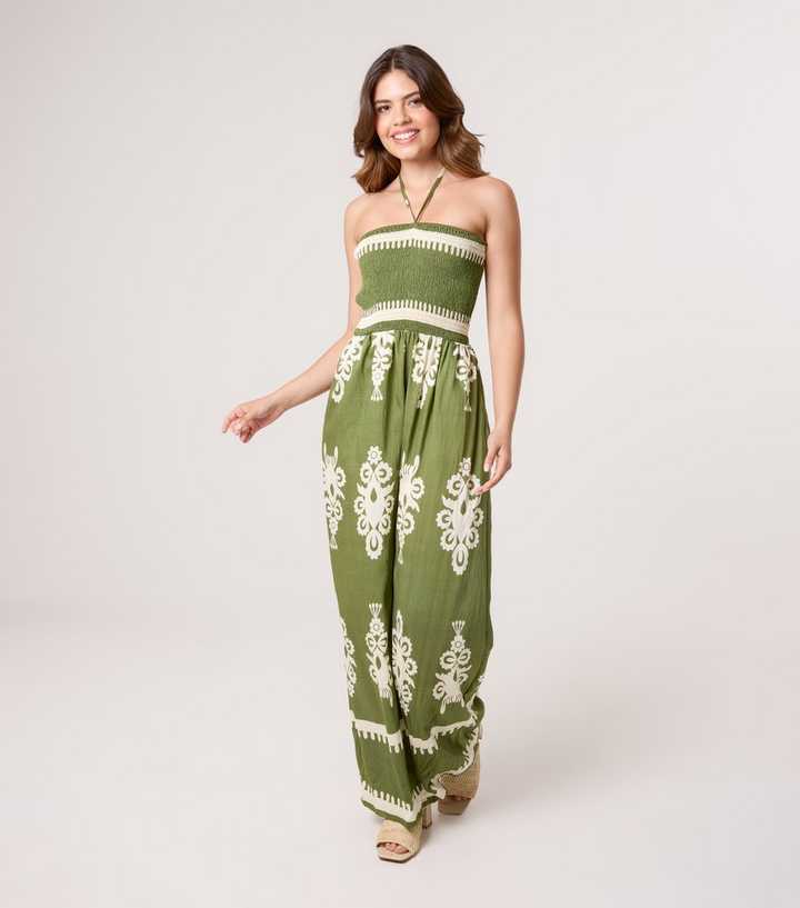 Blue Vanilla Khaki Patterned Halterneck Jumpsuit