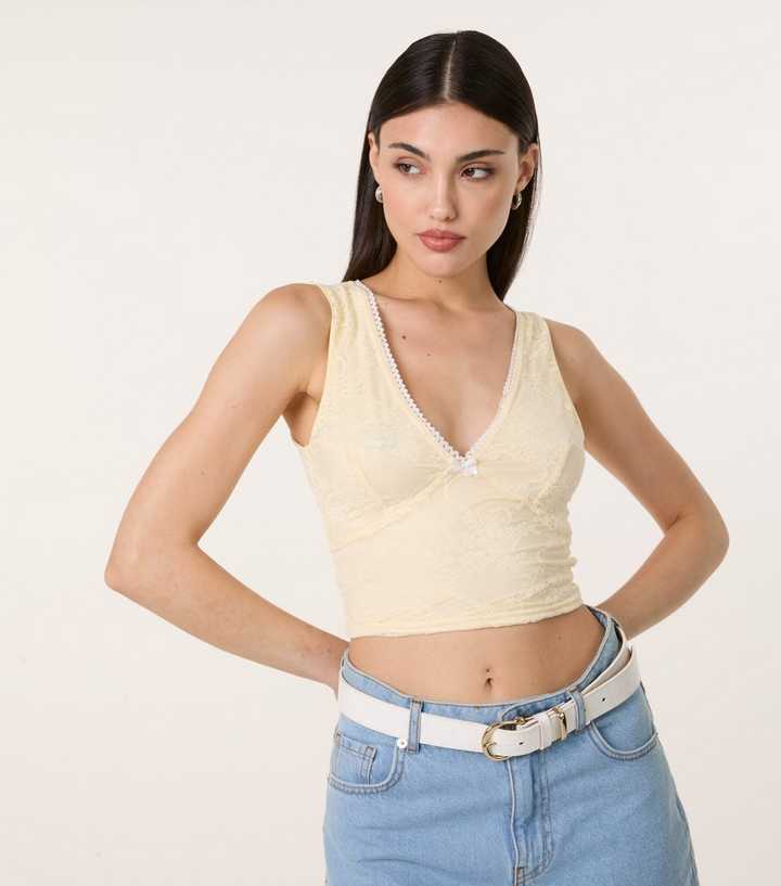 Pink Vanilla Bright Yellow Lace V-Neck Crop Top