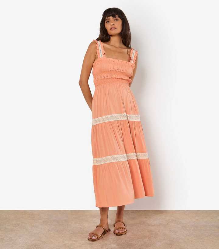 Apricot Coral Smocked Crochet Lace Trim Midi Dress
