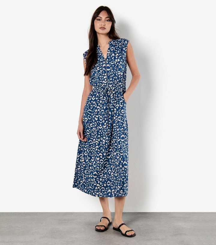 Apricot Blue Ikat Animal Print Midi Dress