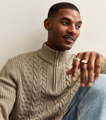 Mink Regular Cable Knit Quarter Zip Jumper | New Look