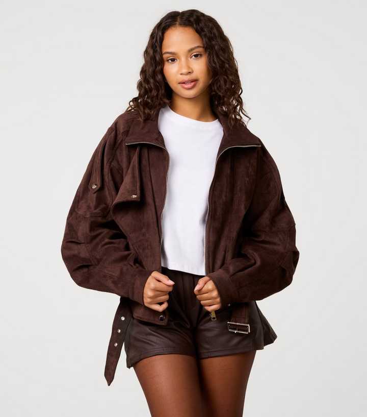 Pink Vanilla Dark Brown Oversized Faux Suede Jacket
