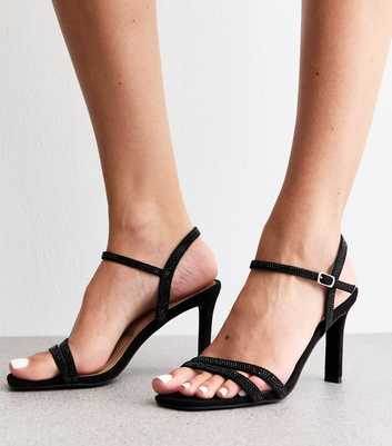Black Strappy Embellished Open Toe Stiletto Heel Sandals