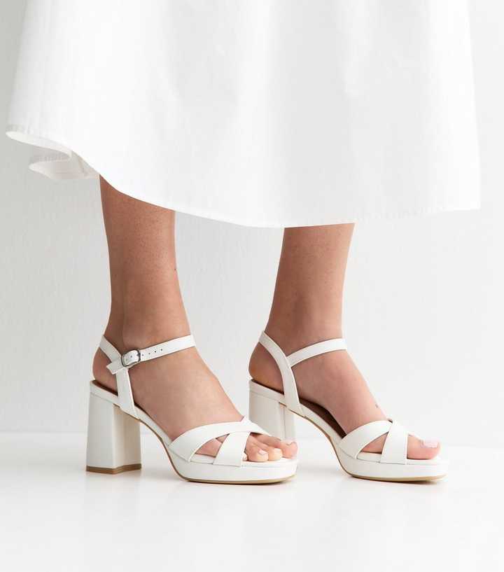 White Faux Leather Platform Sole High Heel Sandals