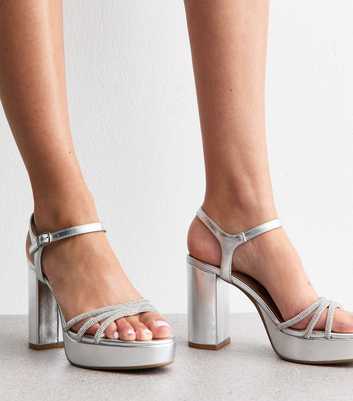 Silver Embellished Block Heel Platform Sandals