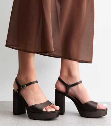 Brown Satin Block Heel Platform Sandals