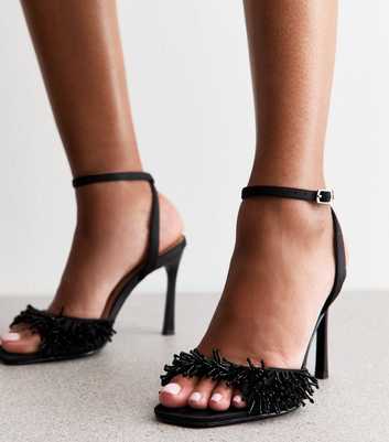 Black Satin Beaded Strap Stiletto Sandals