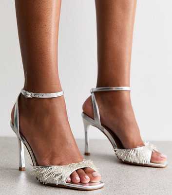 Silver Faux Leather Beaded Strap Stiletto Sandals