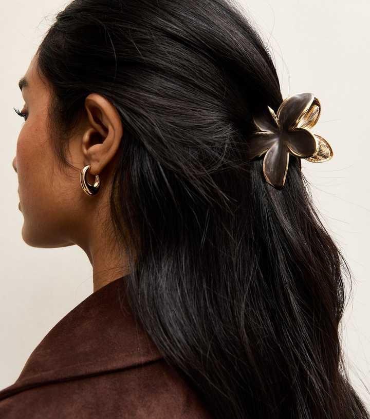 Brown Enamel and Gold Tone Flower Hair Claw Clip