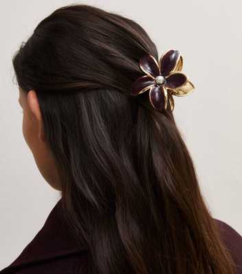 Dark Burgundy Faux Pearl Flower Hair Claw Clip