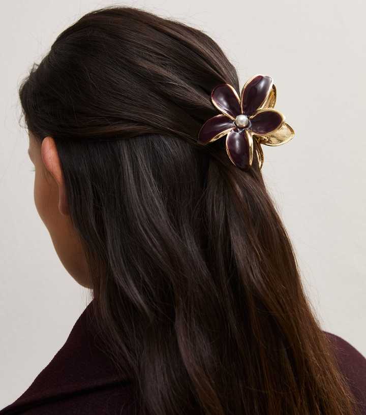 Dark Burgundy Faux Pearl Flower Hair Claw Clip
