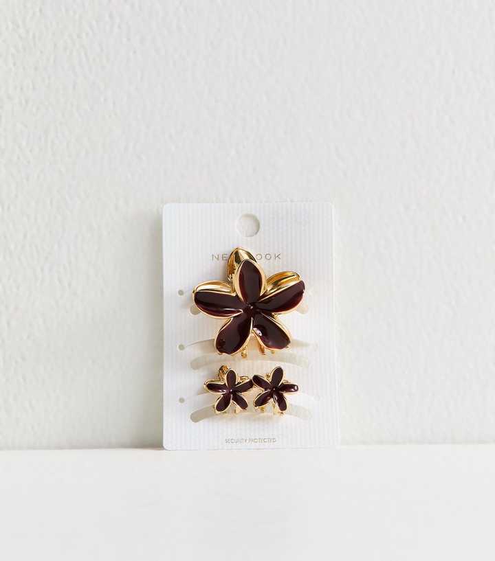 Pack Of 3 Burgundy Enamel Flower Hair Clips