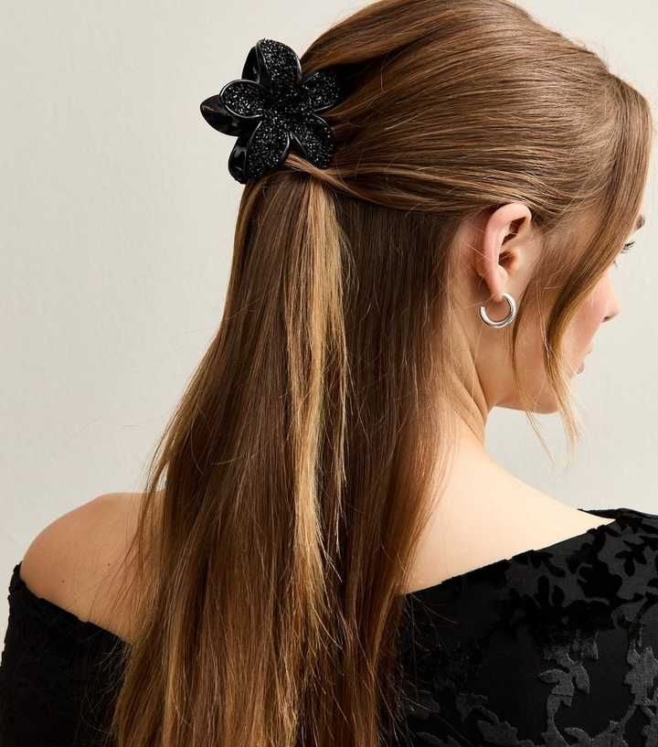 Black Gem Embellished Tropical Flower Hair Claw Clip