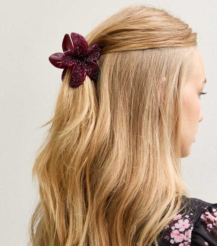 Dark Burgundy Gem Embellished Tropical Flower Hair Claw Clip