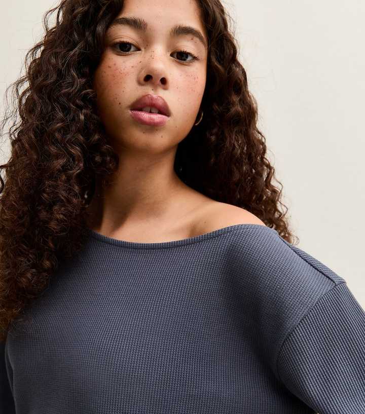 Girls Blue Waffle Off Shoulder Sweatshirt