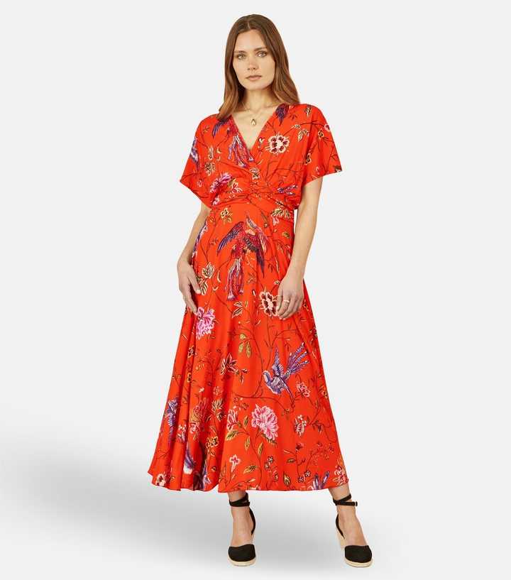 Yumi Orange Floral Bird Print Flared Midi Dress