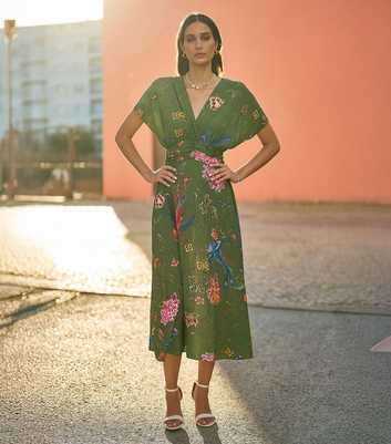 Yumi Green Bird Floral Print Wrap Style Midi Dress
