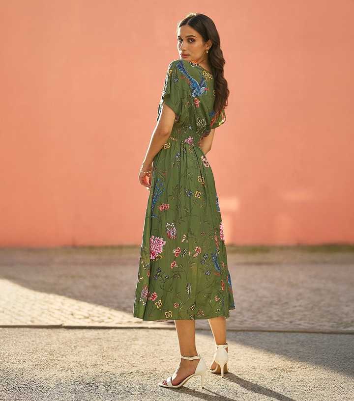 yumi ladies dresses Green Bird Floral Print Wrap Style Midi Dress size_xl