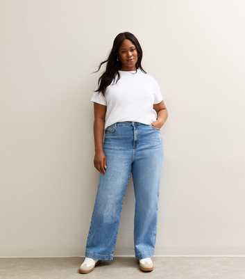 Curves Light Blue Elasticated Back Wide Leg Jeans