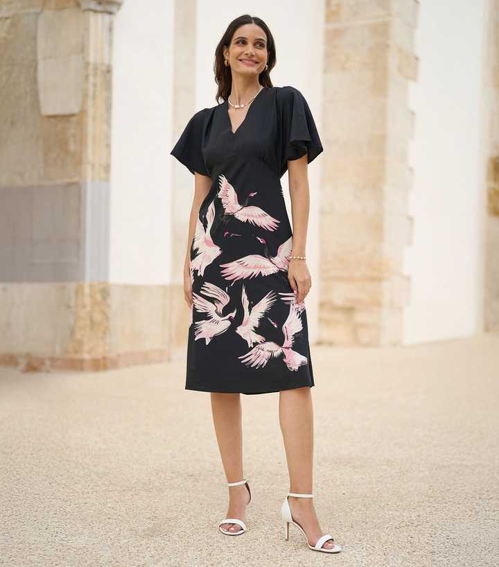 Yumi Black Crane Bird Print Dress