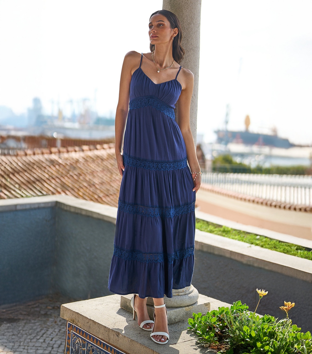 Women's Navy Lace Tier Maxi Dress Yumi New Look