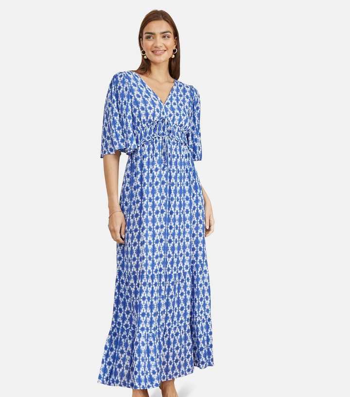 blue aztec dress Azure Blue Aztec Printed Tiered Short Collared Mid Button Dress with Side Pockets L main image 1