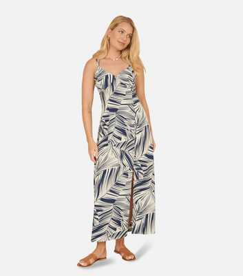 Yumi Navy Leaf Print Crossover Strap Midi Dress